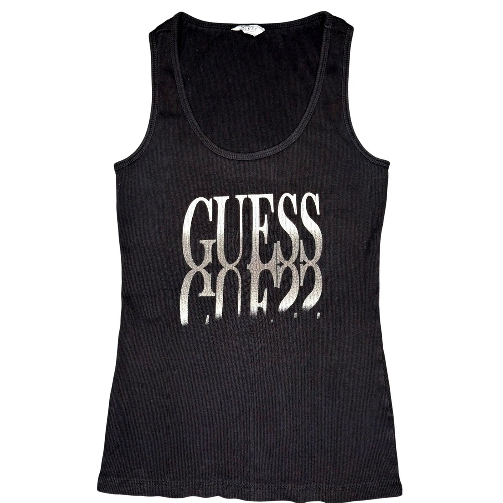 Guess Metallic Logo Ribbed Scoop Neck Tank Top Small Black Silver